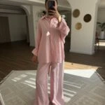 TAŞ BASKI SALAŞ GÖMLEK PANTOLON PAMUK TAKIM - PEMBE