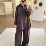 TAŞ BASKI SALAŞ GÖMLEK PANTOLON PAMUK TAKIM - MÜRDÜM