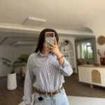 TAŞ İŞLEME ÇİZGİLİ SALAŞ PAMUK GÖMLEK - SAKS