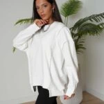 TAŞ ŞERİT PARÇALI BİSİKLET YAKA PAMUK SWEAT - BEYAZ