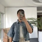 TAŞ VE İNCİ ÇAKIM CROP JEAN GÖMLEK CEKET - MAVİ