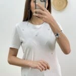 TAŞLI BİSİKLET YAKA KISA KOL TİŞÖRT - BEYAZ