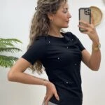 TAŞLI BİSİKLET YAKA KISA KOL TİŞÖRT - SİYAH