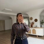 TEK CEP ETEĞİ PÜSKÜL ÇİZGİLİ PAMUK GÖMLEK - KAHVE