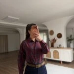 TEK CEP ETEĞİ PÜSKÜL ÇİZGİLİ PAMUK GÖMLEK - BORDO