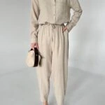 TEK CEP GÖMLEK BALON MODEL PANTOLON PAMUK KETEN TAKIM - NATUREL