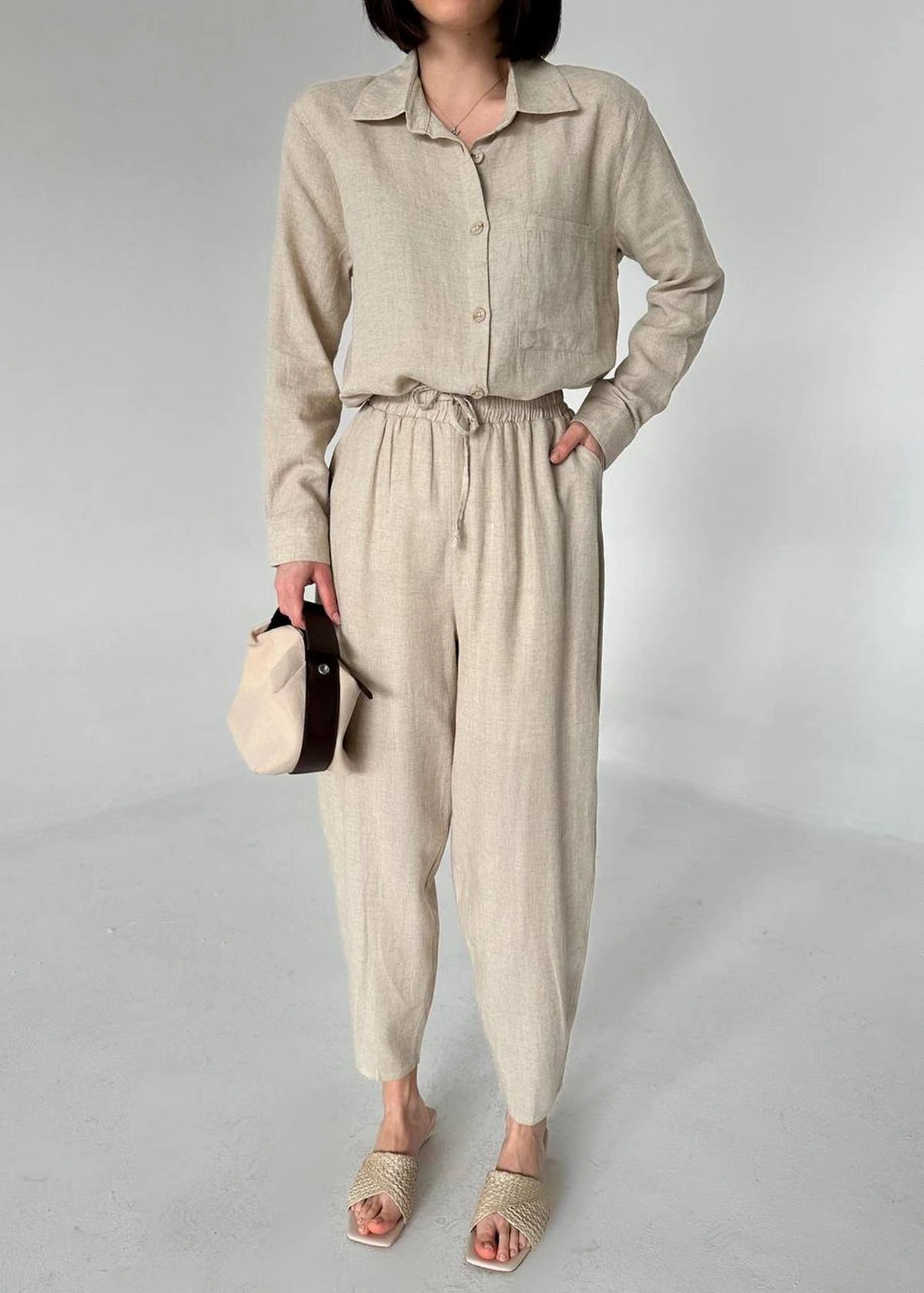 TEK CEP GÖMLEK BALON MODEL PANTOLON PAMUK KETEN TAKIM - NATUREL - Görsel 1