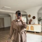 TEK CEP KUŞAKLI SÜET UZUN GÖMLEK - VİZON