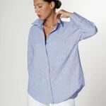 TEK CEP OVERSİZE ÇİZGİLİ TRUVAKAR KOL KETEN GÖMLEK - MAVİ