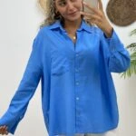 TEK CEP OVERSİZE KETEN GÖMLEK - MAVİ