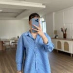 TEK CEPLİ OVERSİZE ÇİZGİLİ PAMUK TENSEL GÖMLEK - MAVİ