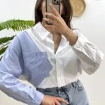 TEK KOL MAVİ RENK PAMUK SALAŞ GÖMLEK - BEYAZ