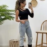 TEK KOL TÜL PARÇALI CROP - SİYAH