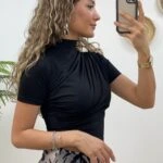 TEK OMUZ BÜZGÜ CROP BLUZ - SİYAH