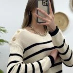 TEK OMUZ DÜĞME ÇİZGİLİ MERSERİZE TRİKO - SİYAH-KREM