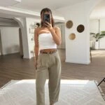 TEK PİLE ARKA KAPAK CEP KETEN KEMERLİ PANTOLON - HAKİ