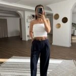 TEK PİLE ARKA KAPAK CEP KETEN KEMERLİ PANTOLON - LACİVERT