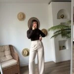 TEK PİLE YÜKSEK BEL BOL PAÇA LİKRALI PANTOLON - BEJ