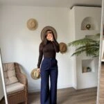 TEK PİLE YÜKSEK BEL BOL PAÇA LİKRALI PANTOLON - LACİVERT