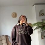 THE LOVERS YAZI NAKIŞ YAKALI FERMUARLI PAMUK SALAŞ SWEAT - KAHVE