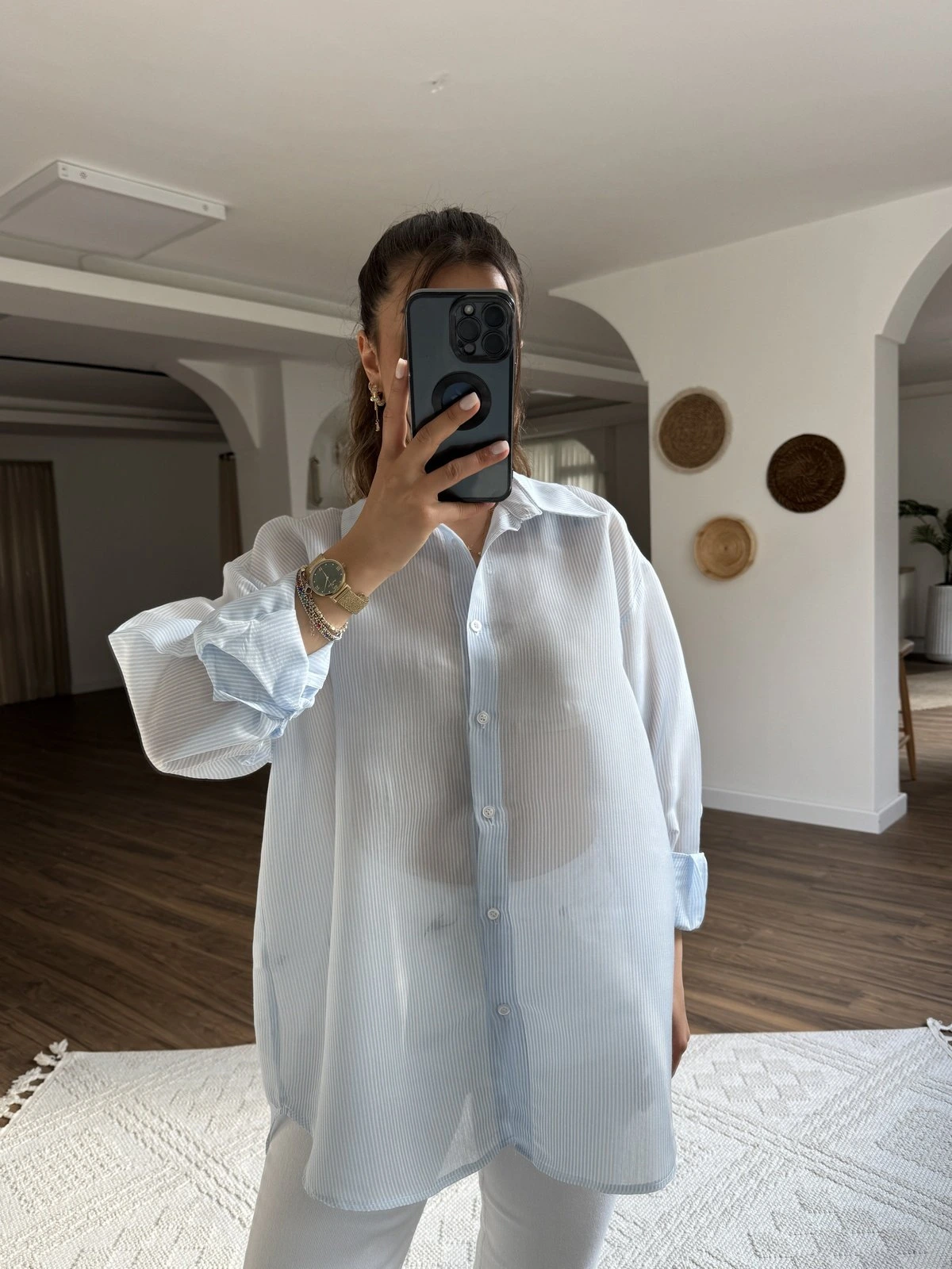 TRANSPARAN ÇİZGİLİ VİSKON SALAŞ GÖMLEK - MAVİ - Görsel 1