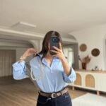 TRİKO POPLİN TAŞ DETAY ARKA UZUN PAMUK GÖMLEK - MAVİ