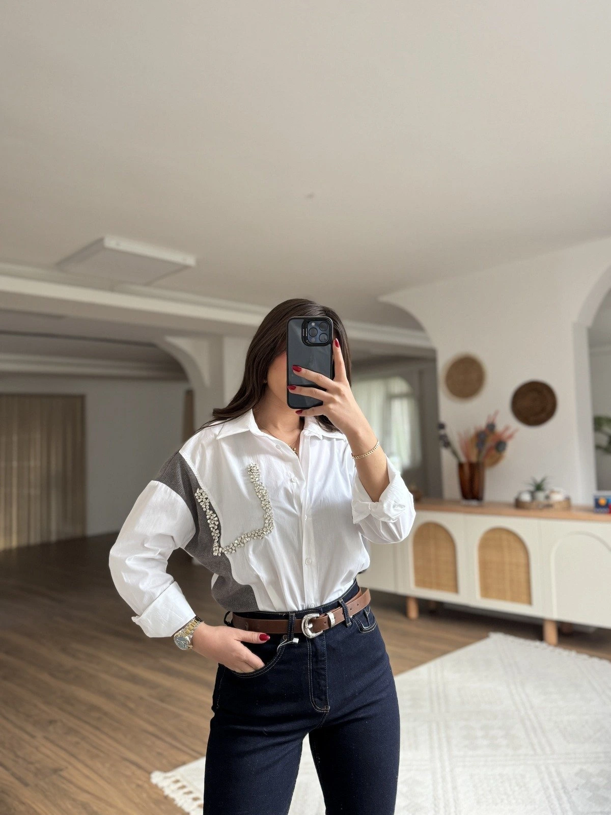 TRİKO POPLİN TAŞ DETAY ARKA UZUN PAMUK GÖMLEK - BEYAZ - Görsel 1