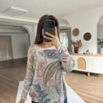 TROPİKAL ÇİÇEK DESEN KAYIK YAKA VİSKON TRİKO - EKRU