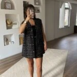 TUVİT KUMAŞ GOLD DÜĞME UZUN YELEK ETEK TAKIM - SİYAH