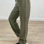 ÜÇ CEPLİ BEL LASTİKLİ RAHAT PAMUK PANTOLON - HAKİ