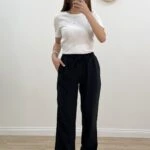 ÜÇ CEPLİ BEL LASTİKLİ RAHAT PAMUK PANTOLON - SİYAH