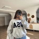 USA YAZILI ŞARDONLU SALAŞ PAMUK SWEAT - GRİ MELANJ