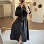 ÜST NAKIŞ TAM FERMUAR BEL BÜZGÜ LASTİK VİSKON UZUN ELBİSE - SİYAH