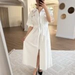 ÜST NAKIŞ TAM FERMUAR BEL BÜZGÜ LASTİK VİSKON UZUN ELBİSE - BEYAZ