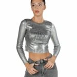 UZUN KOL DİK YAKA VARAK BASKI KISA TRİKO. - GÜMÜŞ