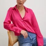 V YAKA BASİC SATEN GÖMLEK - FUŞYA