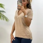 V YAKA BASİC TİŞÖRT - BEJ