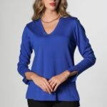 V YAKA BİLEK VE ETEK UCU YIRTMAÇLI TRİKO - SAKS