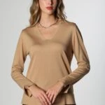 V YAKA BİLEK VE ETEK UCU YIRTMAÇLI TRİKO - CAMEL