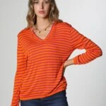 V YAKA ÇİZGİLİ İNCE TRİKO - ORANGE