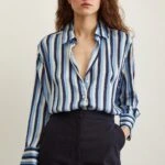 V YAKA ÇİZGİLİ SATEN GÖMLEK - LACİVERT BEYAZ