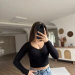 V YAKA DANTEL ŞERİT UZUN KOL PAMUK MODAL TİŞÖRT - SİYAH