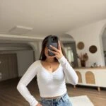 V YAKA DANTEL ŞERİT UZUN KOL PAMUK MODAL TİŞÖRT - BEYAZ