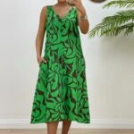 V YAKA DESENLİ MİDİ BOY PAMUK ELBİSE - YEŞİL