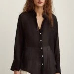 V YAKA DOKULU ŞİFON GÖMLEK - SİYAH