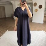 V YAKA DÜŞÜK KOL ETEĞİ OVAL KETEN ELBİSE - LACİVERT