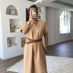 V YAKA ETEĞİ OVAL KEMERLİ PAMUK SALAŞ ELBİSE - A.CAMEL