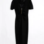 V YAKA FERMUAR DRAPELİ ÖN YIRTMAÇLI LİKRALI KALEM ELBİSE - SİYAH