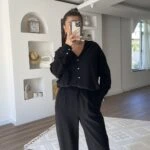 V YAKA GÖMLEK BİLEK LASTİK PANTOLON VİSKON TAKIM - SİYAH