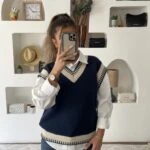 V YAKA KENAR LASTİK ÖRME SALAŞ SÜETER - LACİVERT